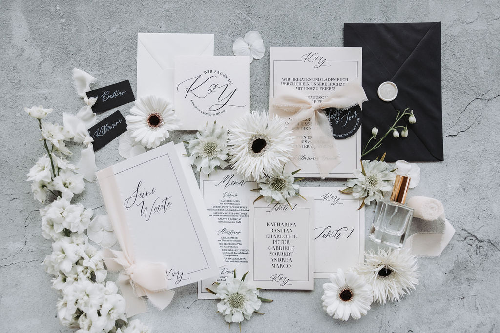 Hochzeitspapeterie, Papeterie in schwarz & weiß, Black& white Konzept, Old Money Stil